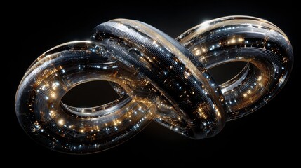 Luminous Infinity - Reflective Mobius Strip with Sparkling Highlights on Black Background.