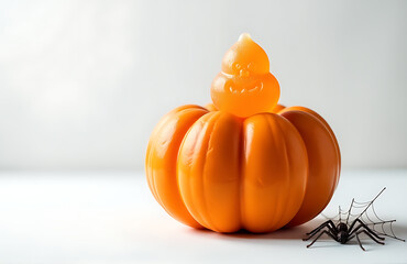 Wall Mural - warm orange candy perches atop carved pumpkin crisp white background illuminated soft overhead light delicate spider