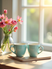 Wall Mural - serene morning scene featuring pastel pink teal workspace soft focus set warm natural light background two coffee