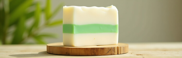 Wall Mural - minimalist white soap bar adorned vibrant light green stripe stands upright weathered bamboo base soft warm natural