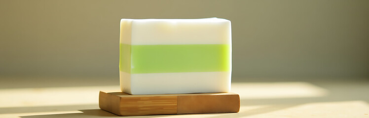 Wall Mural - minimalist white soap bar adorned vibrant light green stripe stands upright weathered bamboo base soft warm natural