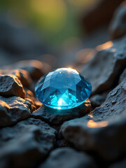 Wall Mural - vibrant blue faceted gem nestled rugged crevices weathered rock formation illuminated soft morning l