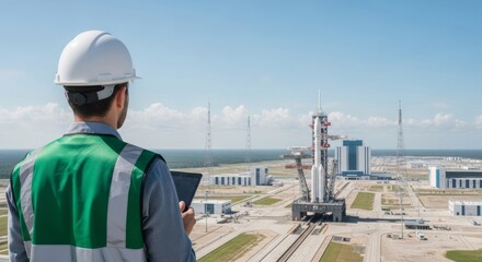 engineer in safety vest observing space launch facility