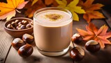 a rich creamy chestnut smoothie with fall foliage as a backdrop rustic earthy tones photography