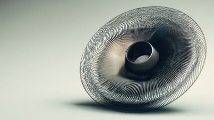Metallic, round object made of concentric lines, leaning, with central core