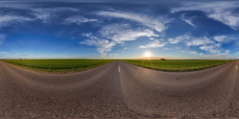 Wall Mural - hdri 360 panorama view on crossroads of gravel country roads among fields with clouds in sky in equirectangular full seamless spherical projection, ready for VR AR or sky dome replacement