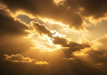 Wall Mural - Golden sunlight piercing through dramatic clouds, creating a divine and ethereal atmosphere. The sky is filled with textured clouds, bathed in warm golden light. 