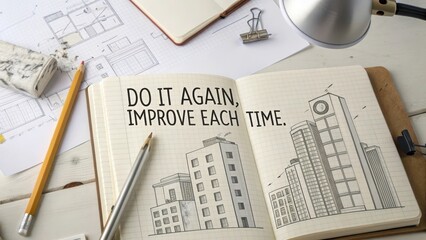 Creative Workspace with Notebook and Pencil on Design Sketch Background