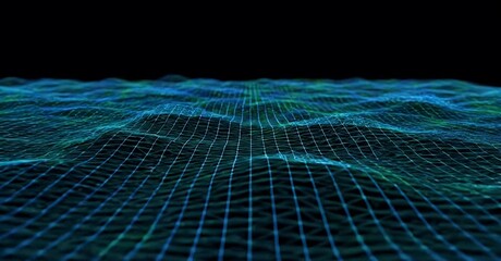 Abstract futuristic technology background featuring a dynamic, flowing digital grid of blue and green waves representing data and virtual landscapes