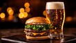 © Arnon  Parnnao - Delicious burger with glass of cold beer in a pub. AI. Savory hamburger beside frosty ale inside tavern. image of eatery offering refreshment and tasty meal for digital