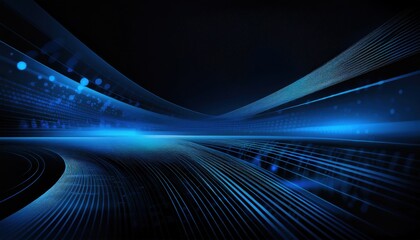 Wall Mural - futuristic neon blue digital corridor with glowing light beams and geometric grid lines for high tec