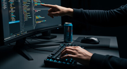 a team of software developers collaborates on code pointing at a computer screen in a dark office a 