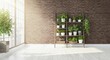 © Arif - Wooden shelf with decorative green plants in bright daylight minimalist chic setting.