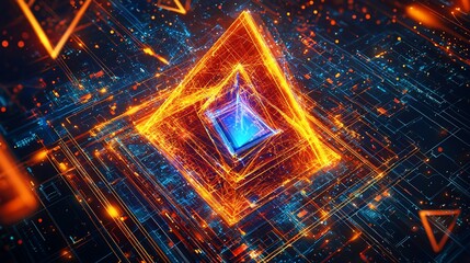 Glowing square portal amid digital circuitry