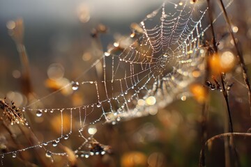 Dewdrops on spider web in morning light 