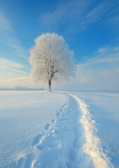 Wall Mural - Snowy field with a lone tree