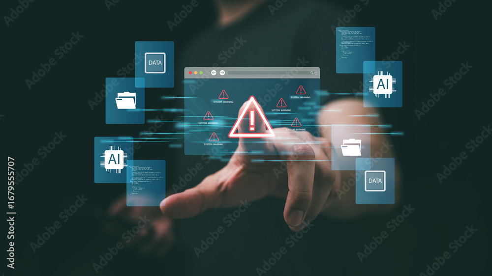 Hand pointing at holographic warning icon with system alert and AI data ...