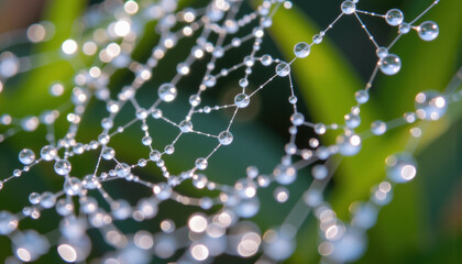 Dew droplet spider web macro closeup nature morning green delicate fresh sparkle bokeh fragile pattern wet outdoor natural