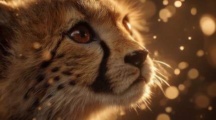 Wall Mural - A cheetah cub's face is captured in profile, with focus on its eye, nose, and fur details. Soft lighting highlights the rich colors, surrounded by bokeh effects in the background.
