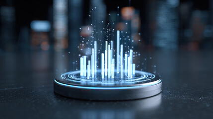 Wall Mural - futuristic holographic display showcases vibrant data visualizations, with glowing bars representing