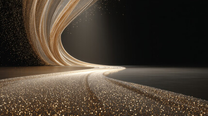 Wall Mural - mesmerizing scene featuring flowing path of shimmering golden particles against dark background, cre
