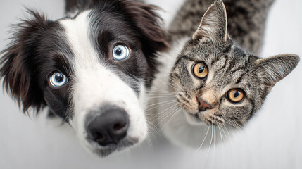 Wall Mural - A black and white dog and a tabby cat stand close together, looking up at the camera. Both animals have expressive eyes, with the dog having blue eyes and the cat having yellow eyes.