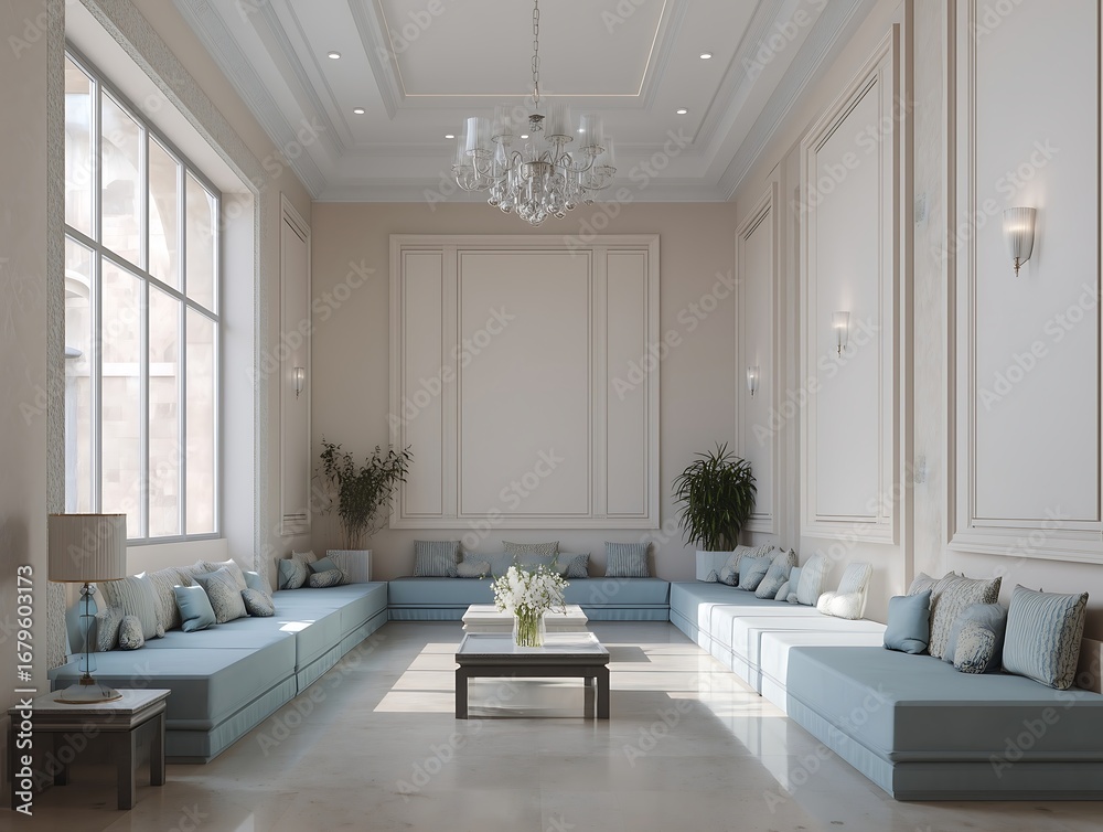 realistic interior of a mens majlis 8x20 meters modern connected light ...