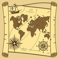  Antique compass on an aged paper map of the world