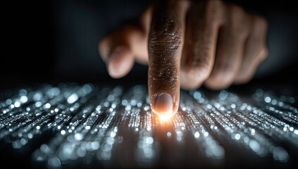 Close-up of a finger touching a glowing digital grid
