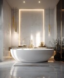 Create a highend bathroom with a sleek wallmounted geyser in the center surrounded by polished marble walls and a bright airy ambiance The room should exude a