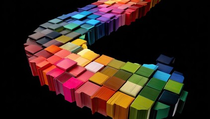 Colorful, 3D pixelated curve on black background