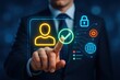 © Thitiporn - Digital Authentication and Security: A professional in a suit interacts with a holographic interface, confirming identity through a digital check mark.