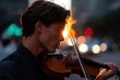 © KASUEMA SALAE - A street musician playing a violin solo passionately on a busy urban street corner during sunset