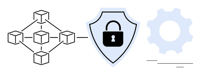 Blockchain network linked to shield with lock and gear, representing security, connectivity, system reliability. Ideal for cybersecurity, blockchain, encryption, data safety, innovation functional
