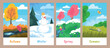 © ssstocker - Four season cards. Autumn winter spring summer nature landscapes cover design, fall cold warm hot seasons preschool child education kids weather scene card set vector illustration