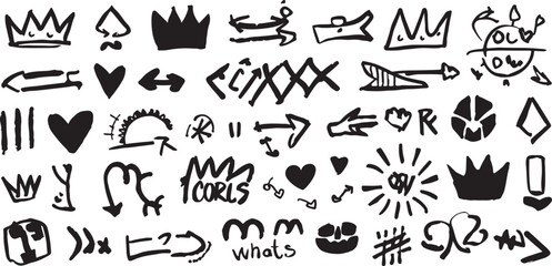 Naklejka na meble Hand Drawn Doodle Icons with Arrows Crowns and Hearts on White Background Vector Illustration for Designs and Creative Projects