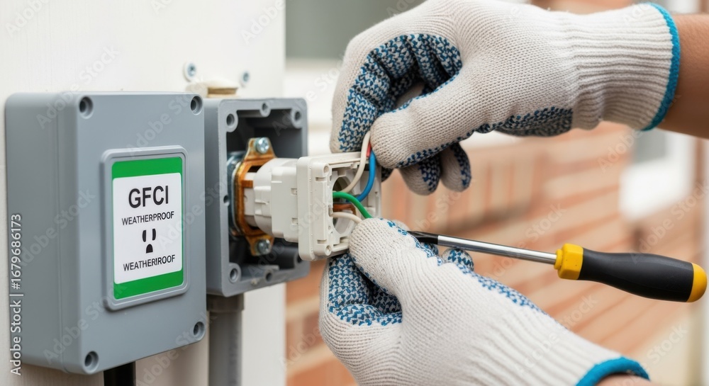 Professional upgrading old outdoor power outlet with a GFCI