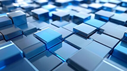 Captivating animation of undulating blue cubes, reflecting light with dynamic perspective,
