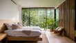 © Leroy - tranquil jungle retreat bedroom with wooden interiors and lush greenery view from floor to ceiling glass windows