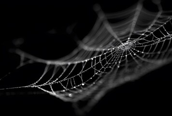 Delicate dew drops adorning an intricate spiderweb on a dark background capturing the beauty of nature