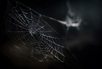 Intricate dew covered spiderweb shimmers with delicate threads against a dark moody background in nature