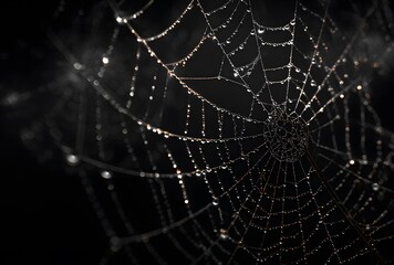 Intricate black and white macro photograph of a dew covered spiderweb with delicate droplets reflecting light