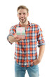 © be free - Man on February 14. Caucasian guy hold present box for Valentines day. Happy holiday. Man with gift isolated on white. Birthday gift. Party on mens day. Selective focus. Mens day. Party present
