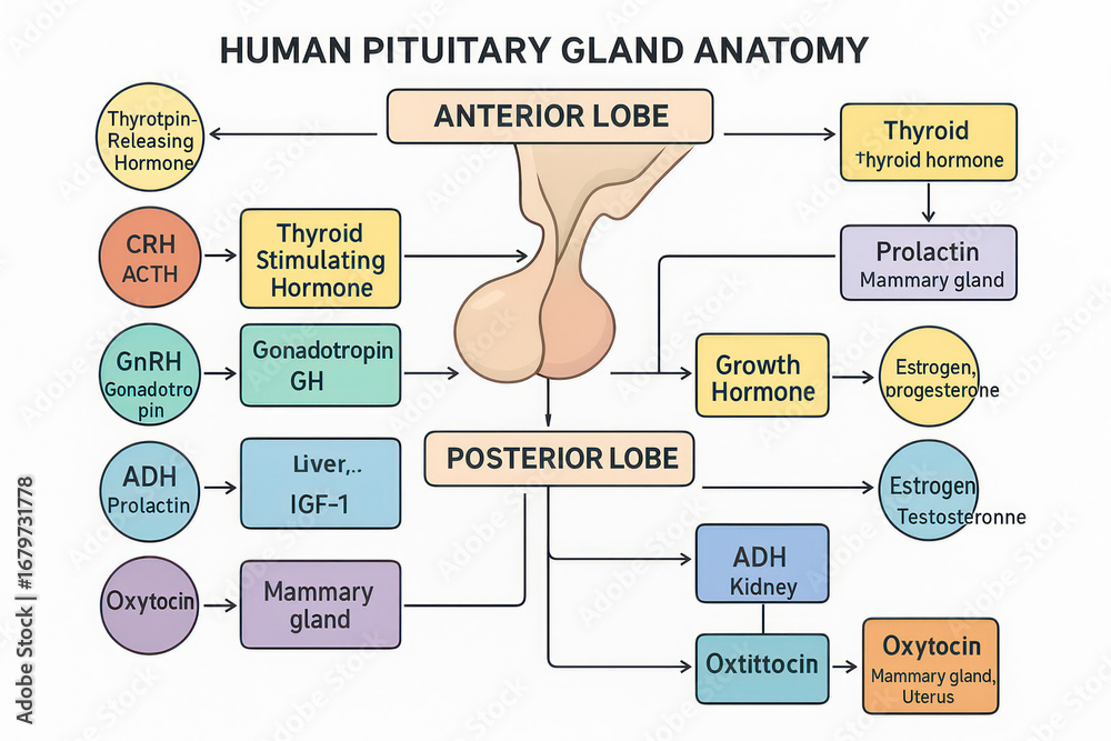 Human Pituitary Gland Anatomy Illustration, showing the anterior and ...