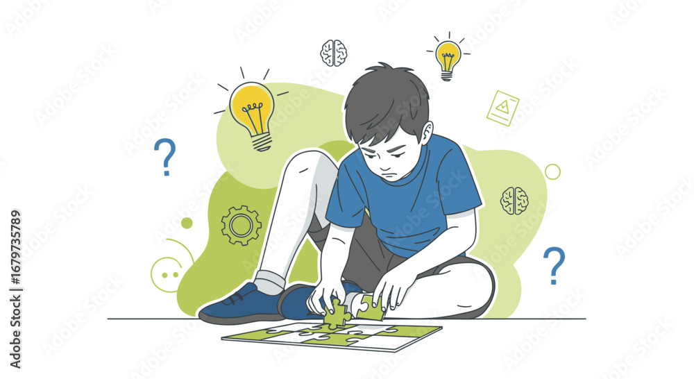 Child Solving Puzzle Illustrating Creative Problem-Solving And The ...