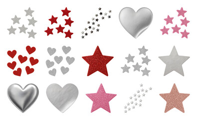 Wall Mural - png colorful metallic heart star shapes, element set on transparent background