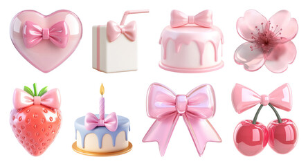 Wall Mural - PNG Cute pink bows and desserts, element set on transparent background