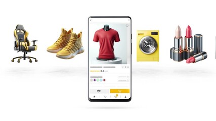 Wall Mural - Shopping, e-commerce, app, and sales theme. Technology and discounted products, including phones.