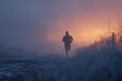 © Pulando - Silhouette of a Lone Runner in Misty Twilight, Golden Light Breaking Through.