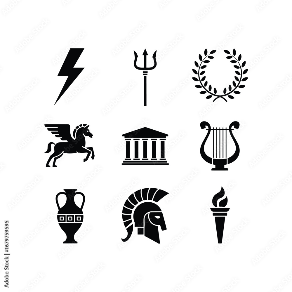 Ancient greek symbols of power mythology and culture featuring pegasus and  gods pantheon Stock Vector | Adobe Stock, image size:1000x1000